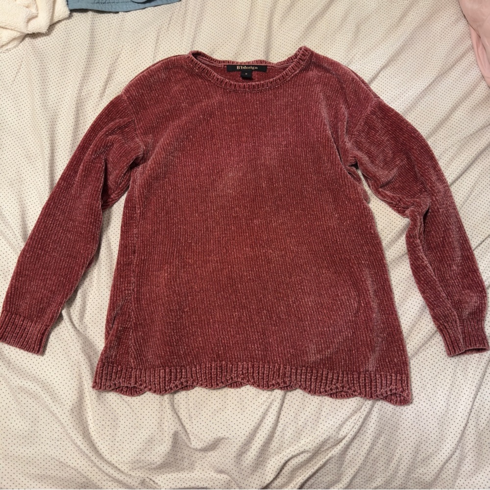 Chenille scalloped Long-Sleeve Plush Crewneck Sweater - Hot Pink